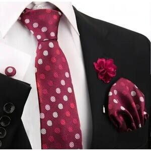 Men’s Silk Coordinated Tie Set - Red with Polka Dots (silver, pink, white)